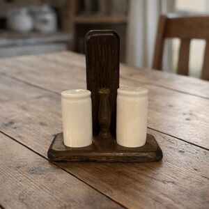 Vintage Wood Caddy with Ceramic Salt and Pepper Shakers Farmhouse Rustic Set